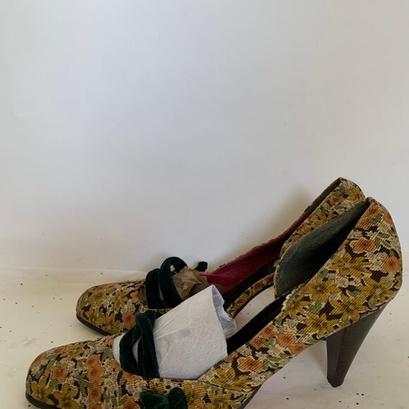 Vintage Y2K d'Orsay Pump Yellow Floral Corduroy Cone Heel Pump Green Velvet  9.5 - Picture 7 of 14